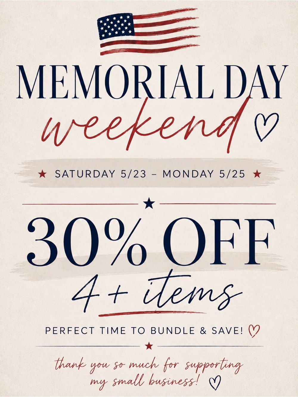 🇺🇸 Memorial Day Weekend Sale | 30% Off 4+ Items